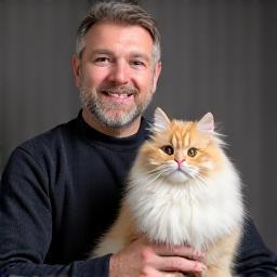 Client Pierre avec son chat Persan après toilettage