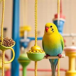 Perruches et canaris avec accessoires spécialisés